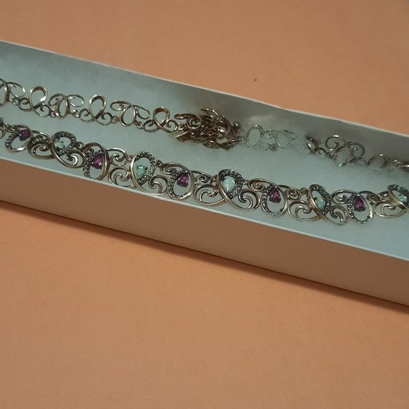 Gold Plated Silver with diamond accents, opals, pink sapphires - 17 inches - Picture 2 of 12